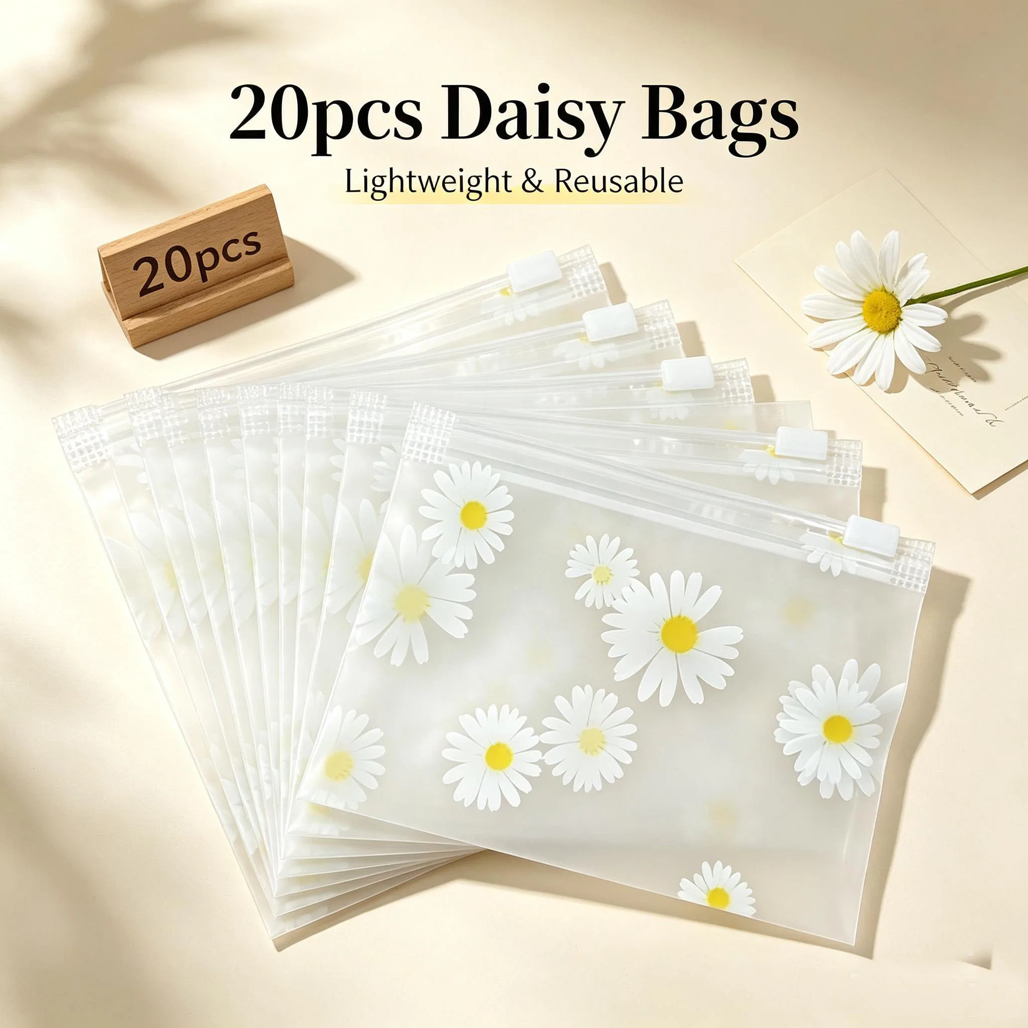 20/50 Pieces of Daisies-Patterned Matte Plastic Zipper Bags Are Perfect for Storing Small Items and Are Ideal for Travel Organiz