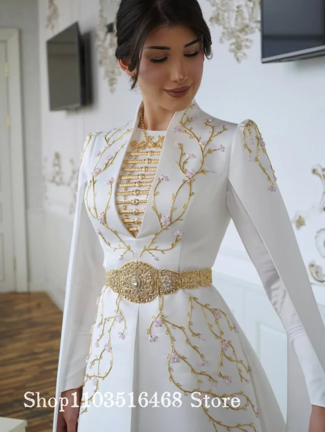 Weißes muslimisches Hochzeitskleid mit Blumenperlen, türkischer Kaftan, maßgeschneidertes ethnisches Brautkleid, formelles Abendkleid, hochwertiges Bankettkleid