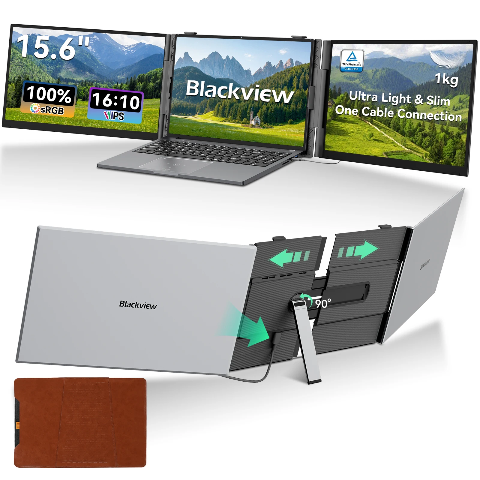 Blackview DCM8 Pro Dreifach‑Laptop‑Bildschirm‑Erweiterung, 15,6" 1080P FHD IPS Tragbarer LCD‑Monitor, 1920×1200 Pixel 16:10‑Format, 300cd/m² Helligkeit, 60Hz, für 13‑17" Laptops, Kompatibel mit