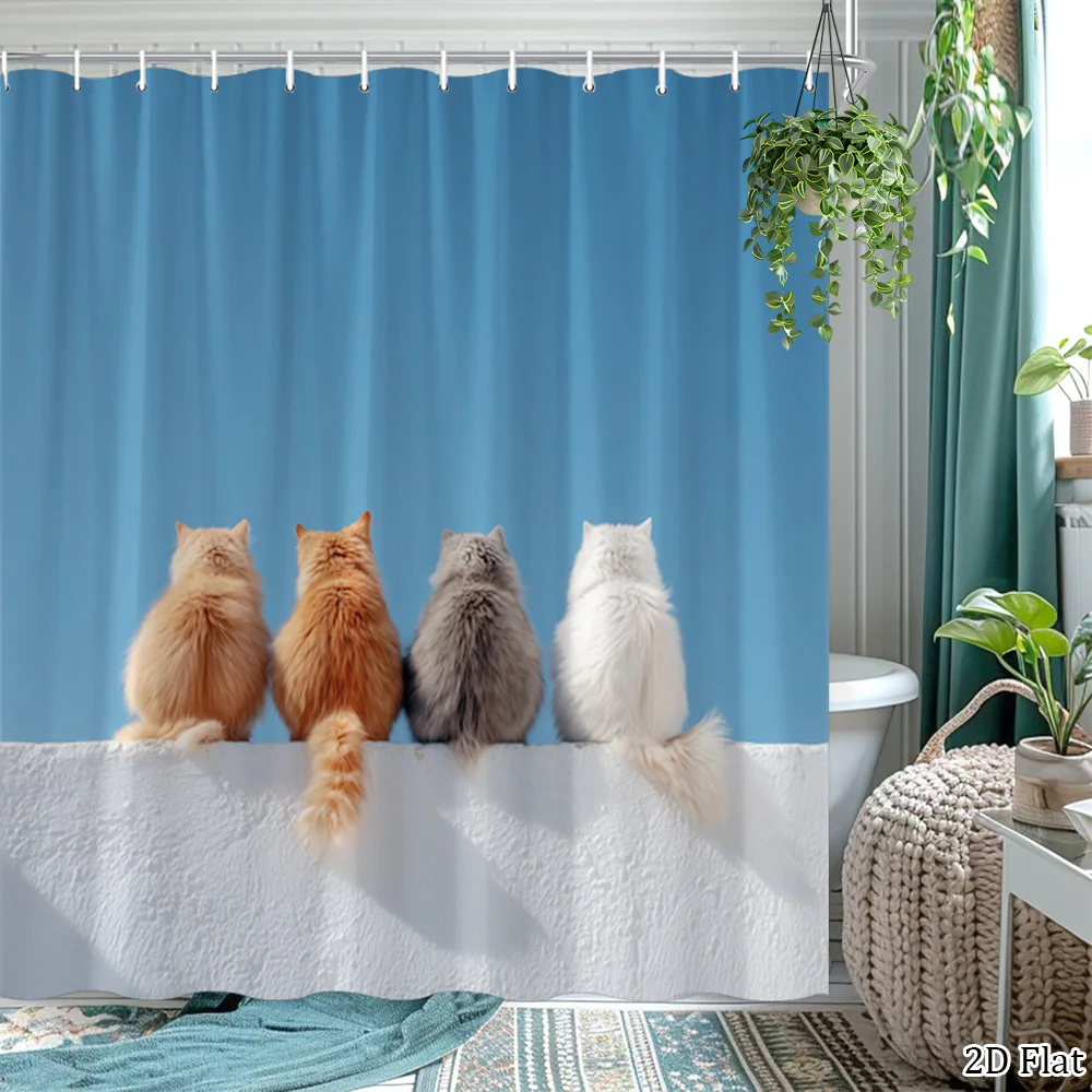 

Cute Animal Family Shower Curtain Bathroom Waterproof Decor Blue Pets Cartoon Print Art Curtain 180x200cm Size