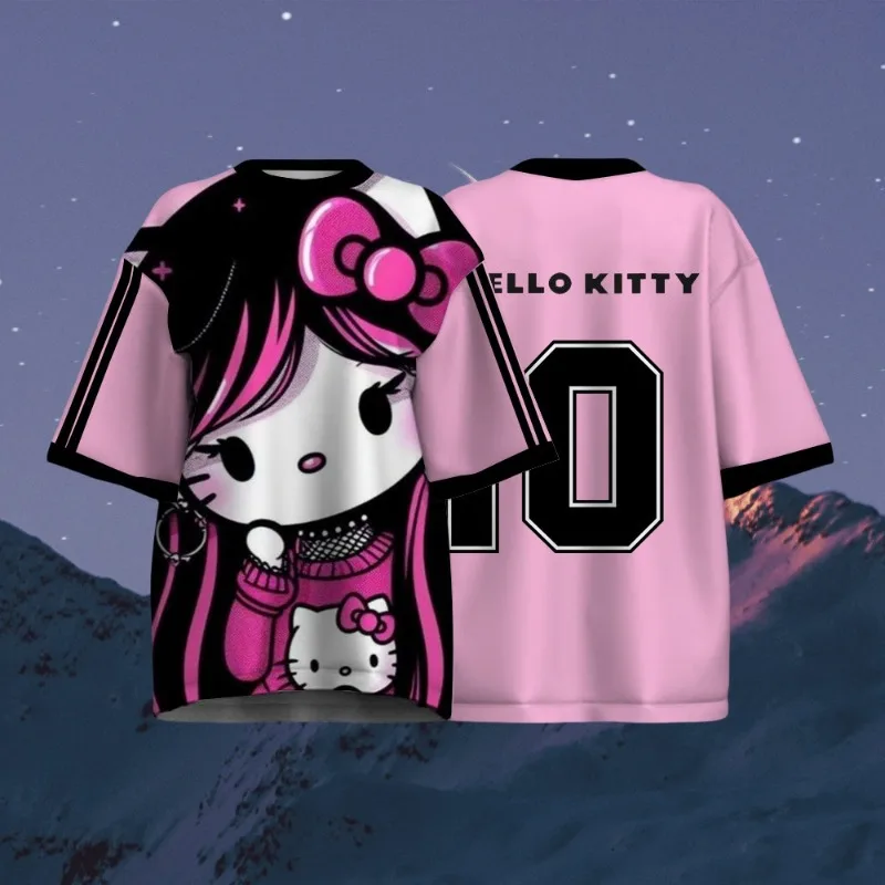 

MOTO-Женская футболка с круглым вырезом и короткими рукавами с 3D принтом Hello Kitty, летняя повседневная спортивная футболка с мультяшным рисунком