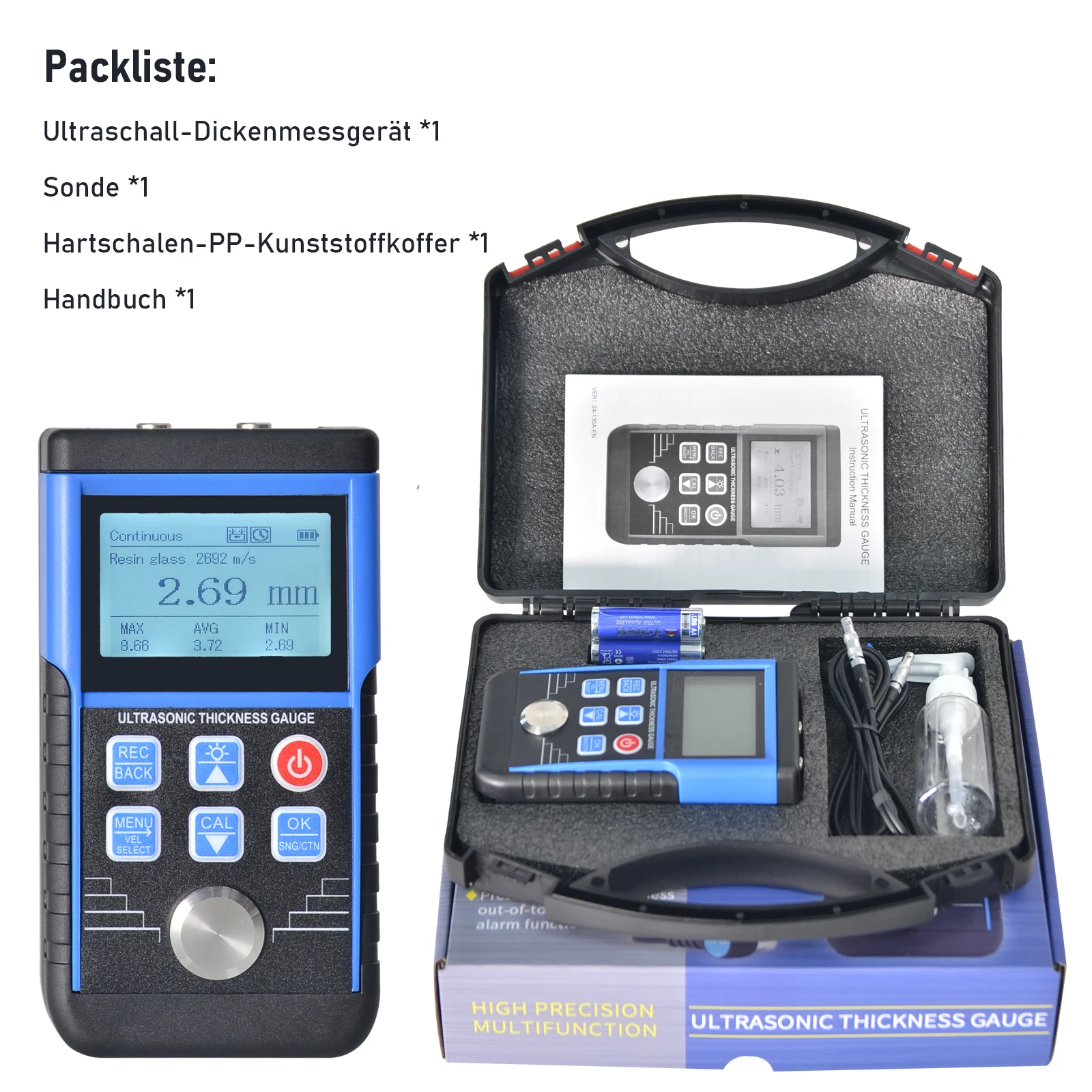 HOLDPEAK T9-130S Digital Ultrasonic Thickness Gauge Meter,1.0-350mm Paint Thickness Tester for Metal Glass PVC Acrylic