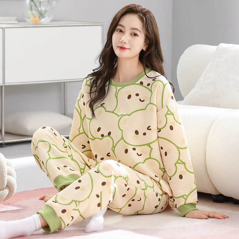 Thick Pajamas Women Three Layer Cotton Long Sleeve Plaid Pants Sleepwear Home Wear Warm Sweet Winter Loungewear