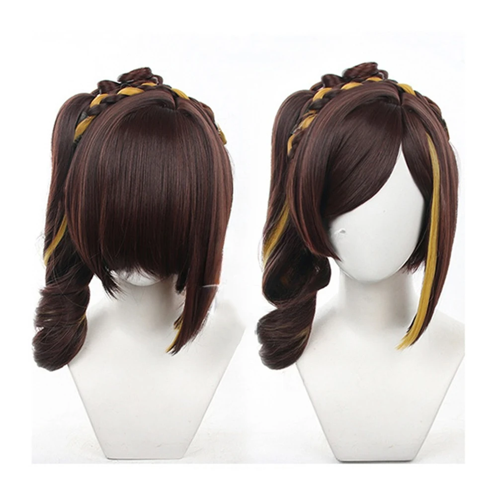 Peluca de Cosplay Chiori, pelucas de cola de caballo de 40cm de largo, pelucas de colores mezclados marrón amarillo, pelo sintético resistente al calor, pelucas para fiesta de Halloween + W