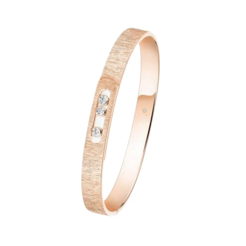 Rose Gold Brushed Bangle Bracelet, Three Floating Stones Oval Slider Cuff