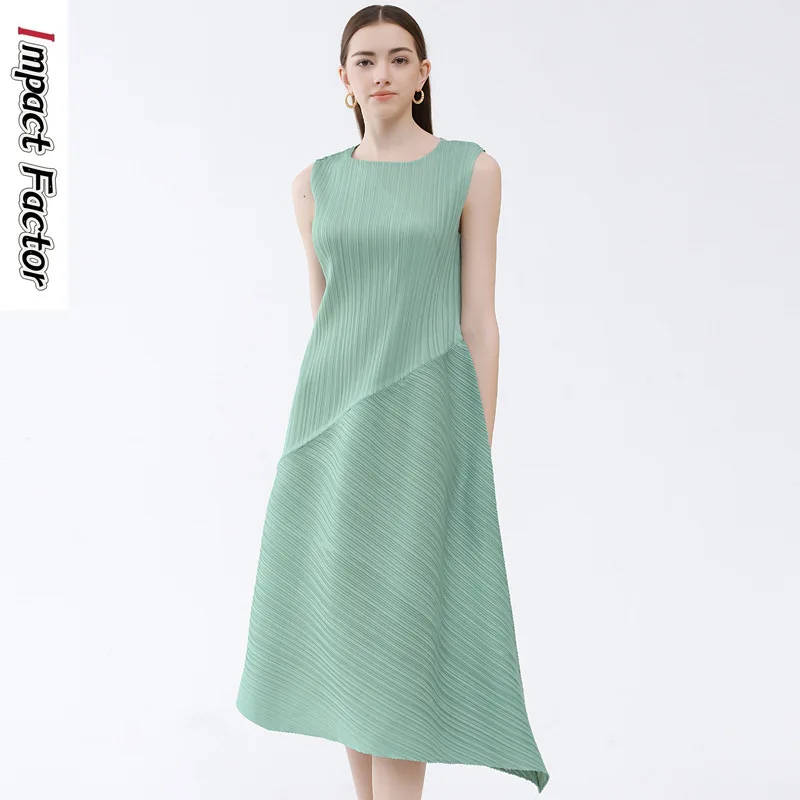 

2024 Summer Miyake Loose Pleated Sleeveless Dress Women's Mid Length Simple A-line Splice Irregular Solid Elegant Dress