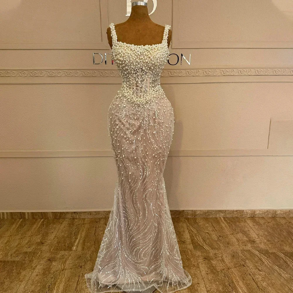 Customized Prom Dresses High quality Formal Simple Column Beading Pearl O-Neck Long Dresses Exquisite aristocratic style