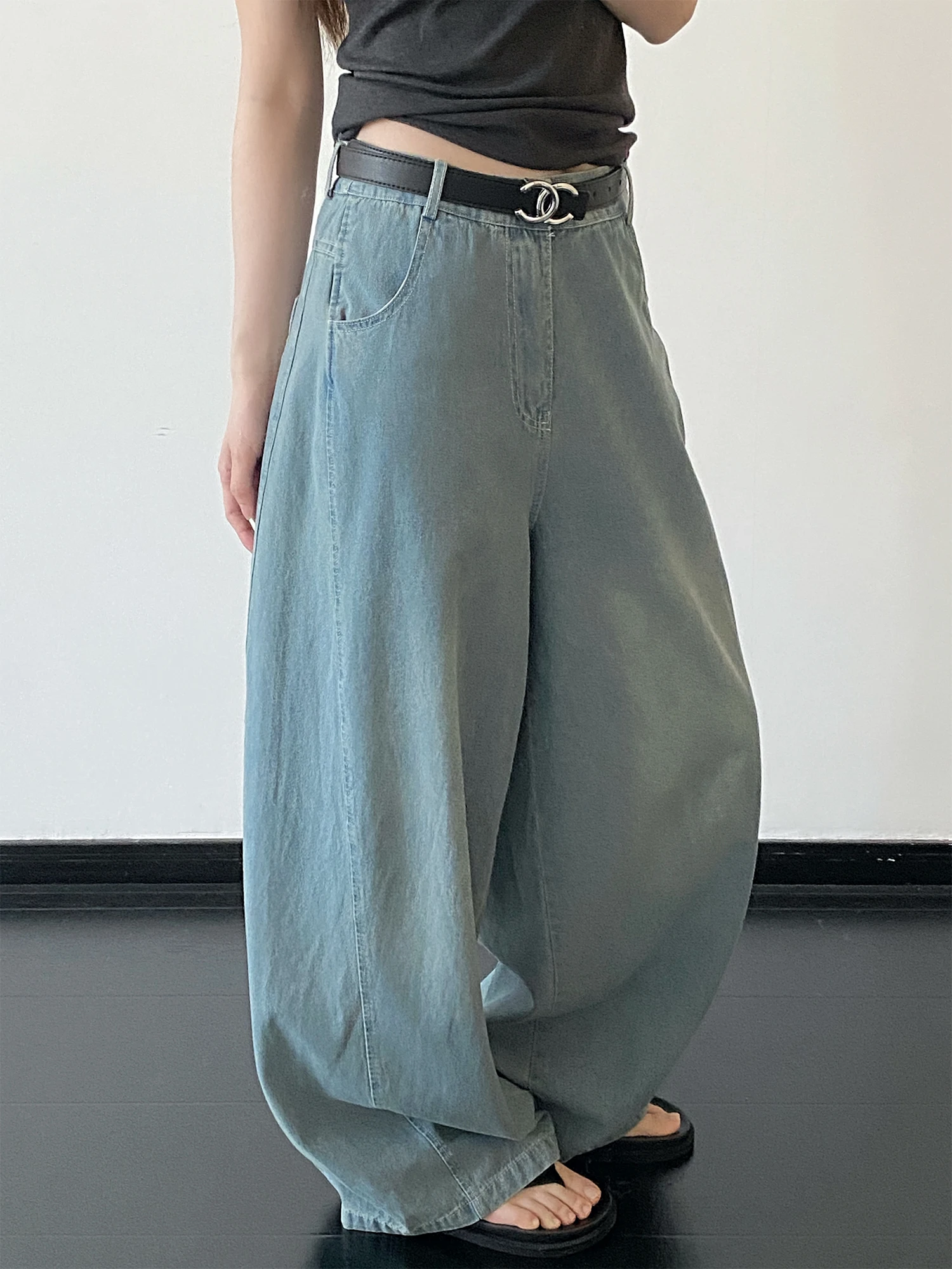 

Джинсы SunYeo винтажные с высокой талией и широкими штанинами, женские, ретро, с декоративной строчкой, весна-лето, синие, цвета ледяной соли