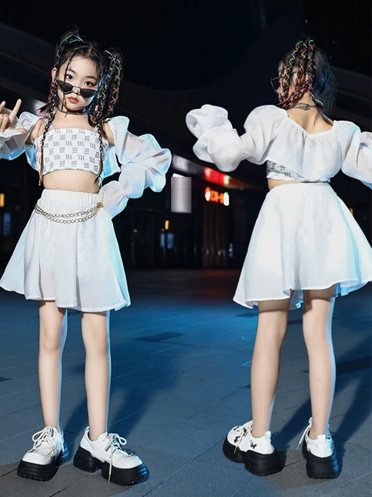 

Girls Kpop Jazz Dance Clothes Puff Sleeves White Outfits Concert Performance Competition Clothing Kids Stage Costume BL12458