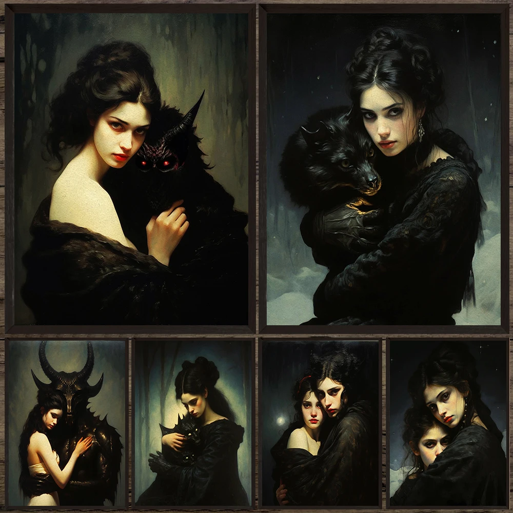 An Embrace From A Witch And A Devil,Vintage Wall Art Canvas Painting,The Dark Aesthetics Of Victorian Wicca,Art Poster And Print