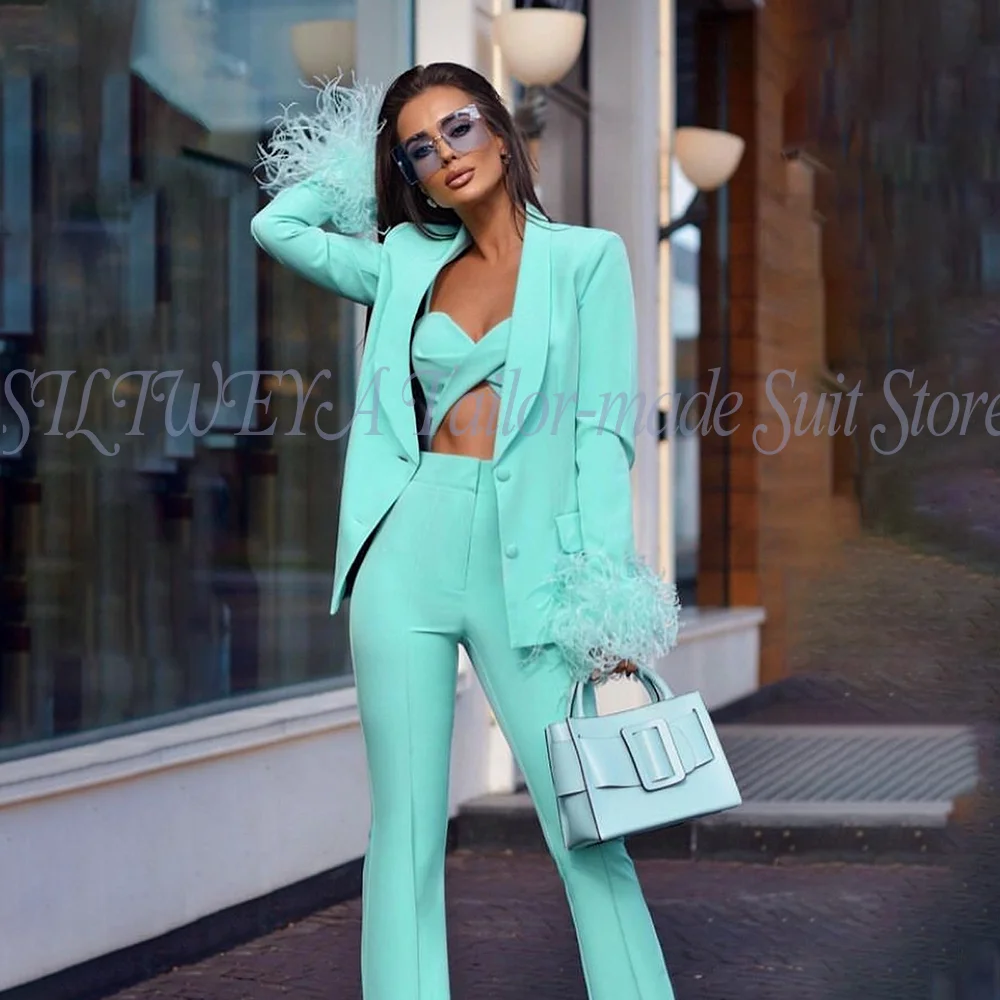 

Luxury Suits for Women Solid Color Regular Length 2 Pieces Jacket Pants Smart Casual High-end Feather Applique Chic Outfits