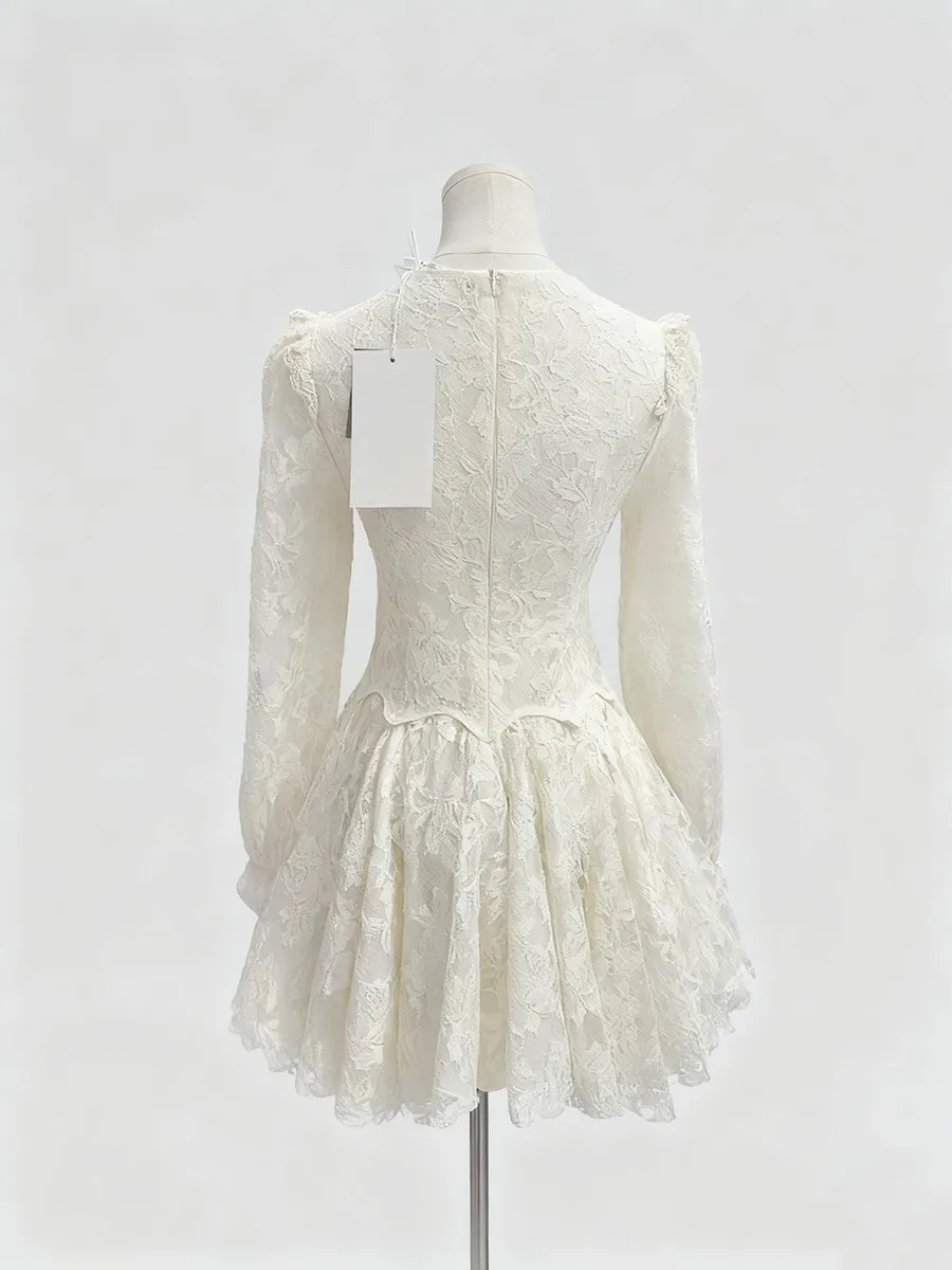 TWOTWINSTYLE 우아한 슬림핏 레이스 미니 드레스 여성용 브이넥 긴 소매 하이웨이스트 패치워크 러플 드레스