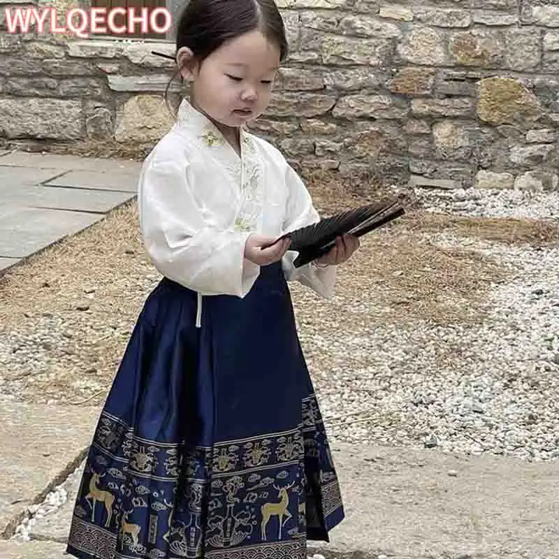 2023 Nieuwe Zomer Chinese Hanfu Jurk Voor Meisjes Traditionele Borduurwerk Paard-Gezicht Rok Voor Kinderen Prinses Hanbok Dres