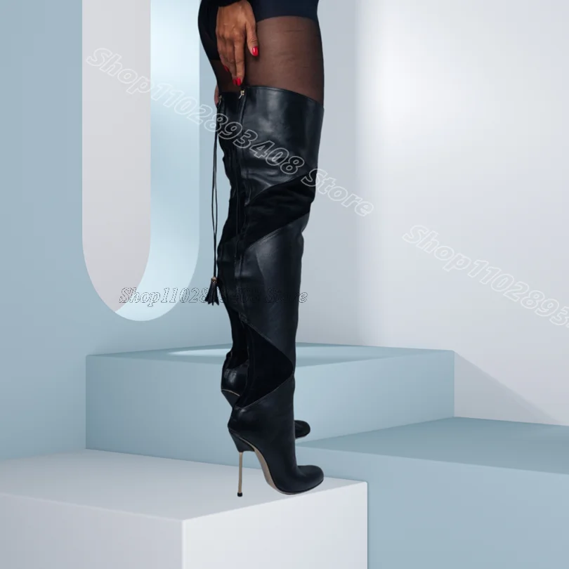 

Bicolor Patchwork Design Boots Pointed Toe Stiletto British Style Back Zipper Fashion Women Over Knee Boots Zapatos Para Mujere