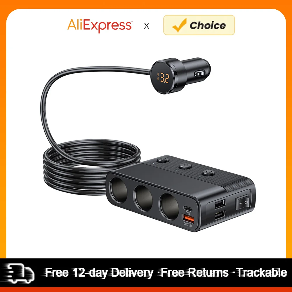 

Car Chargers 128W PD+QC3.0 Quick Charging Adapter 3-Socket Power Splitter 12-24V with 4 USB Ports Volatge Display On-Off Switch