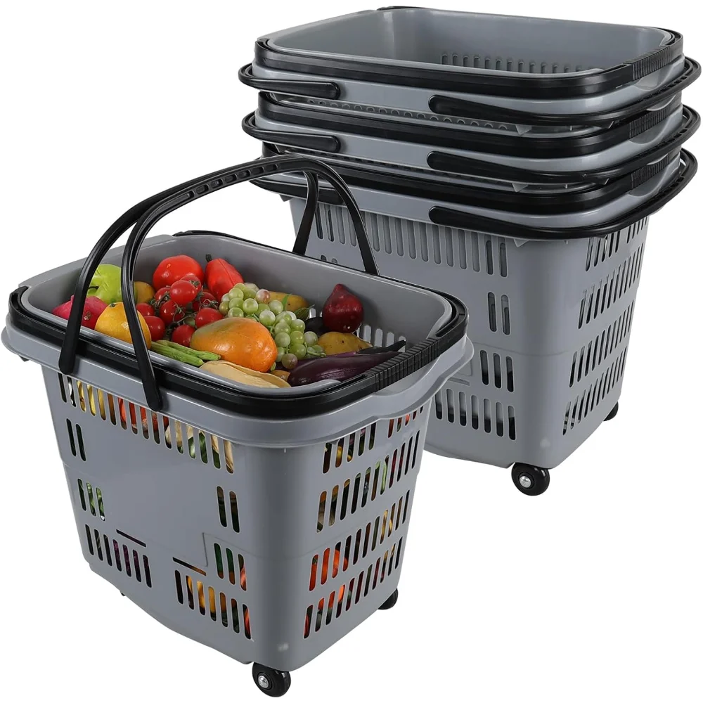 

50 L Shopping Basket with Wheels, 4 Pack Plastic Shopping Carts with Handles, Rolling Grocery Basket for Supermarket, Gray
