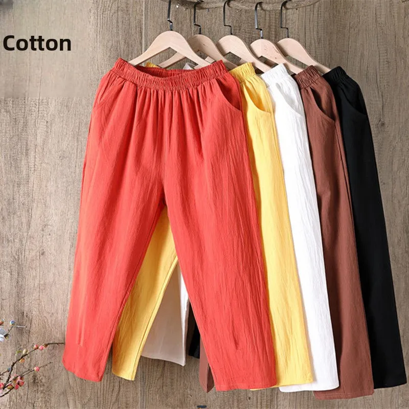 Pantaloni Harem in cotone e lino Donna Estate Sottile Casual Taglia grande Bianco Allentato Dimagrante Nove punti Pantaloni carota Vita alta Coreano...