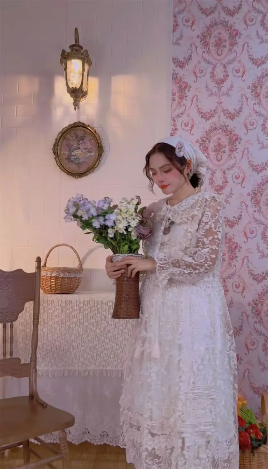 

Ретро-платье миди с кружевом «Евгения» для женщин, в японском и французском стиле «Мори гёрл», милое длинное платье