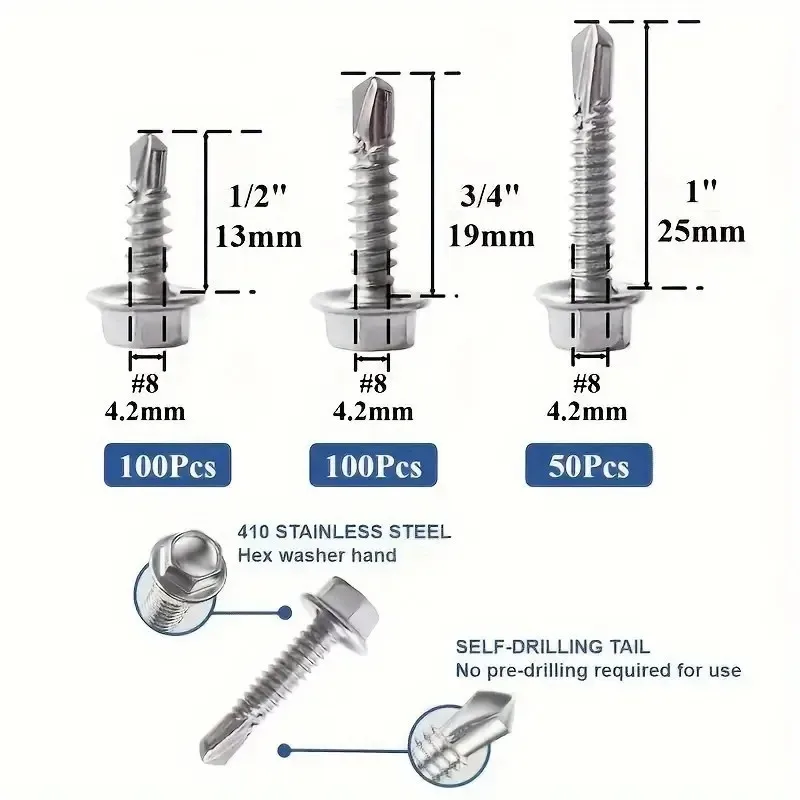 250pcsHexagonal countersunk screw with a threaded end410Stainless steel hexagonal washer self-tapping screws, boxed set