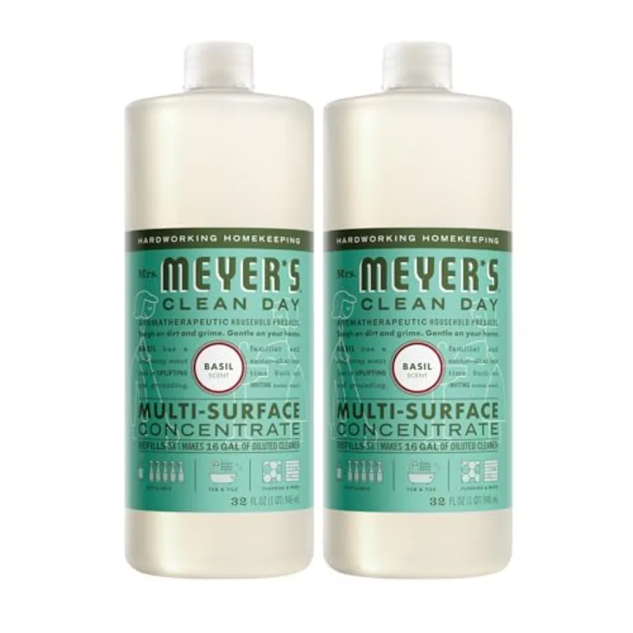 MRS. MEYER'S CLEAN DAY Concentrado Multiusos para Uso Diario, Aroma a Albahaca, Botella de 32 Fl Oz - Paquete de 2