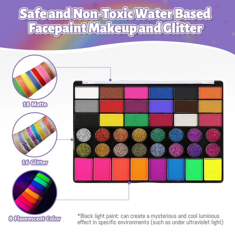 Geschilderde 42-kleuren gezichtsverfset voor kinderen, niet-giftig watergeactiveerd gezichtsverfpalet met borstels, voor carnaval, Halloween
