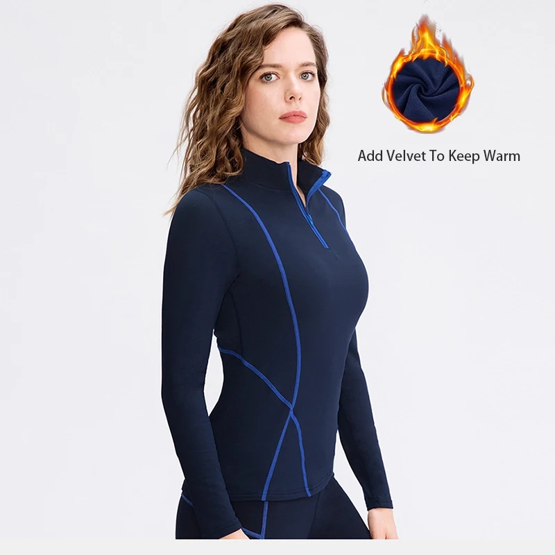 Women's Long Sleeve Thermal Fleece Shirt Workout Tops With Zipper Athletic Running Shirts Autumn Winter Gym Sports T-shirts