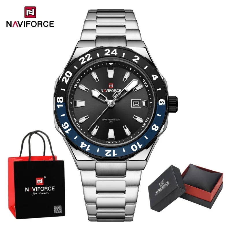 

Посылка, подарки, часы NAVIFORCE для мужчин, водонепроницаемые роскошные спортивные кварцевые часы из нержавеющей стали, светящийся календарь, мужской новый стиль
