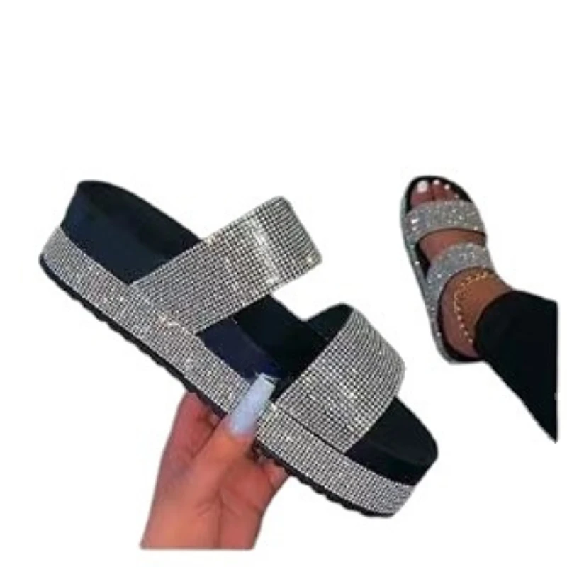 New Rhinestone Slippers Women 2023 Fashion Crystal Slides Platform Flip Flop Lady Sexy Rainbow Shiny Diamond Chunky Shoes 36-43