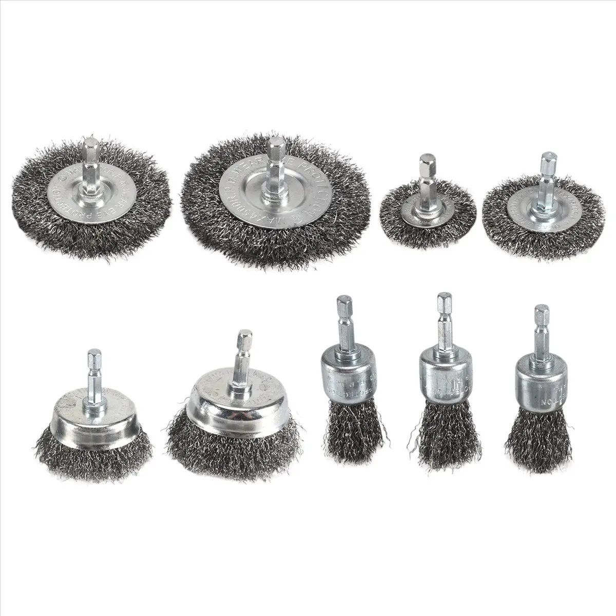 【Tool Parts】 9PC Coarse Crimped Wire Wheel Cup Pen Brush Set for Drill,Carbon Steel with Hex Shank Removing Paint
