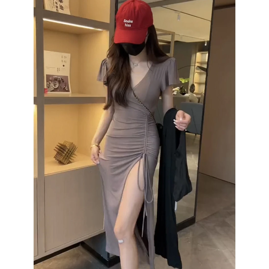 Sexy Spicy Girl Drawstring Black Summer New V-neck Slimming Dress Women's Fashion High Waist Short Sleeve High Quality Dress