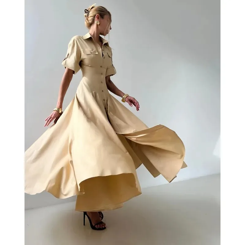 Effen Kleur Shirt Zomerjurk Vrouwen 2026 A-lijn Tlapel Half Mouw Single Breasted Casual Basic Elegante Jurken 181905