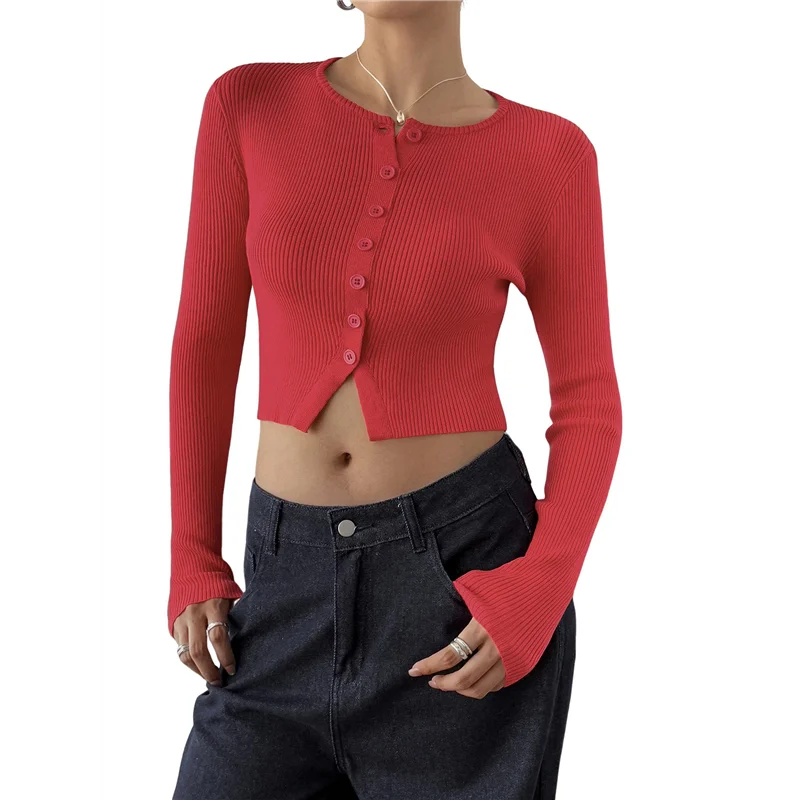 FX-женские топы с длинными рукавами, осенний кардиган, укороченная рубашка, милый модный воротник на пуговицах в рубчик