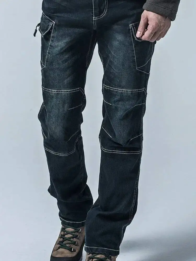 

Тактические джинсовые брюки в тренировочном стиле, мужские прямые свободные мешковатые брюки из эластичной ткани, комбинезоны с карманами, джинсы-карго, уличная одежда