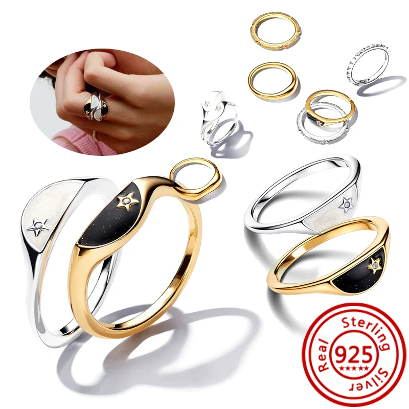 925 Sterling Silver Original Star Moon Sun Day Night Pearl Golden Organically Shaped Stacking Love Heart Rings Sparkling Jewelry