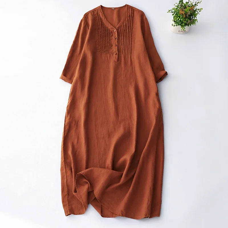 

Cotton Linen V-neck Single-breasted Five-quarter Sleeve Dress New Korean Version of The Literary Temperament Loose CY453