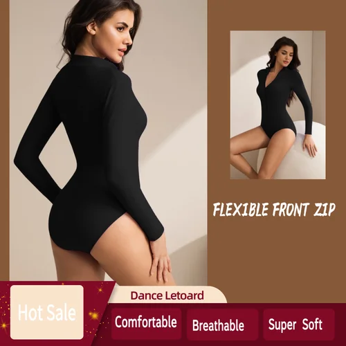 Imagen 2 del producto Leotardos de baile de Ballet de manga larga para mujer, traje de nailon con cremallera frontal, traje de Yoga, ropa de práctica de baile de talla grande