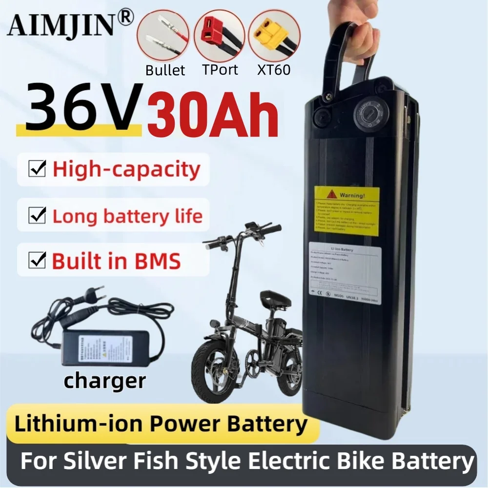 100% high-quality 36v 30ah Lithium-ion Battery Pack For Silver Fish Style Electric Bike Battery With Aluminum Case Anti-theft Lo