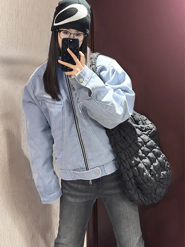 

Kasen Iceberg Blue Denim Jaet Men's Spring Autumn New Sle Trendy American Retro Vintage Couple Flight Jaet Zipper Closu...