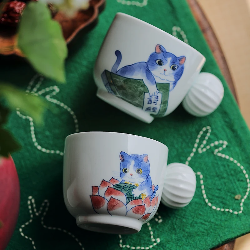 

China Jingdezhen Original Hand-painted Blue And White Porcelain Water Cup Cute Cat Literary Small Fresh Ceramic Coffee Cup