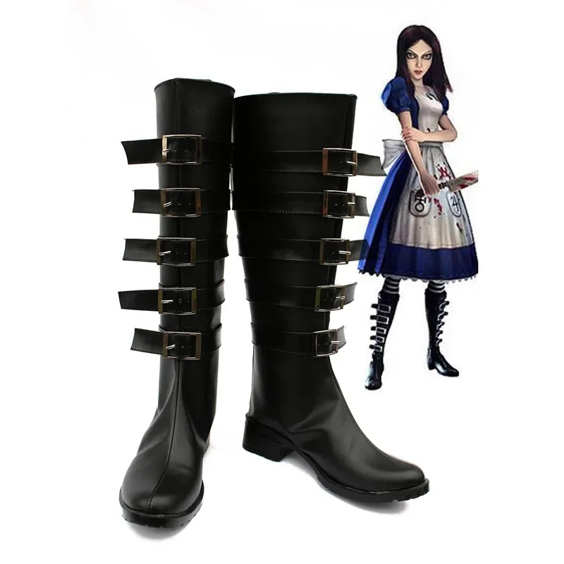 Alice Wahnsinn gibt Cosplay Schuhe für erwachsene Frauen Männer Halloween Weihnachts feier schwarz pu Lederstiefel