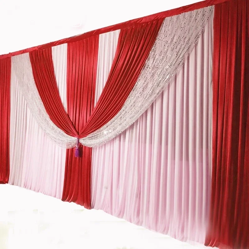 10x20ft White Ice Silk Wedding Backdrop Curtain With RED Drape Valance Stage Backdrops Background For Party Event Decoration