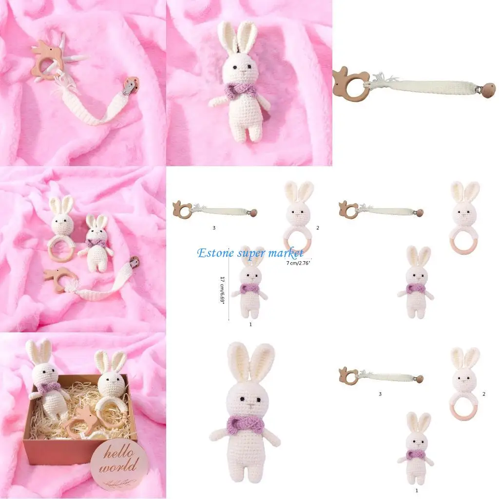 

090B Милая вязаная крючком игрушка-кролик-погремушка/кукла-кролик/зажим для пустышки для новорожденных для мальчиков и девочек,