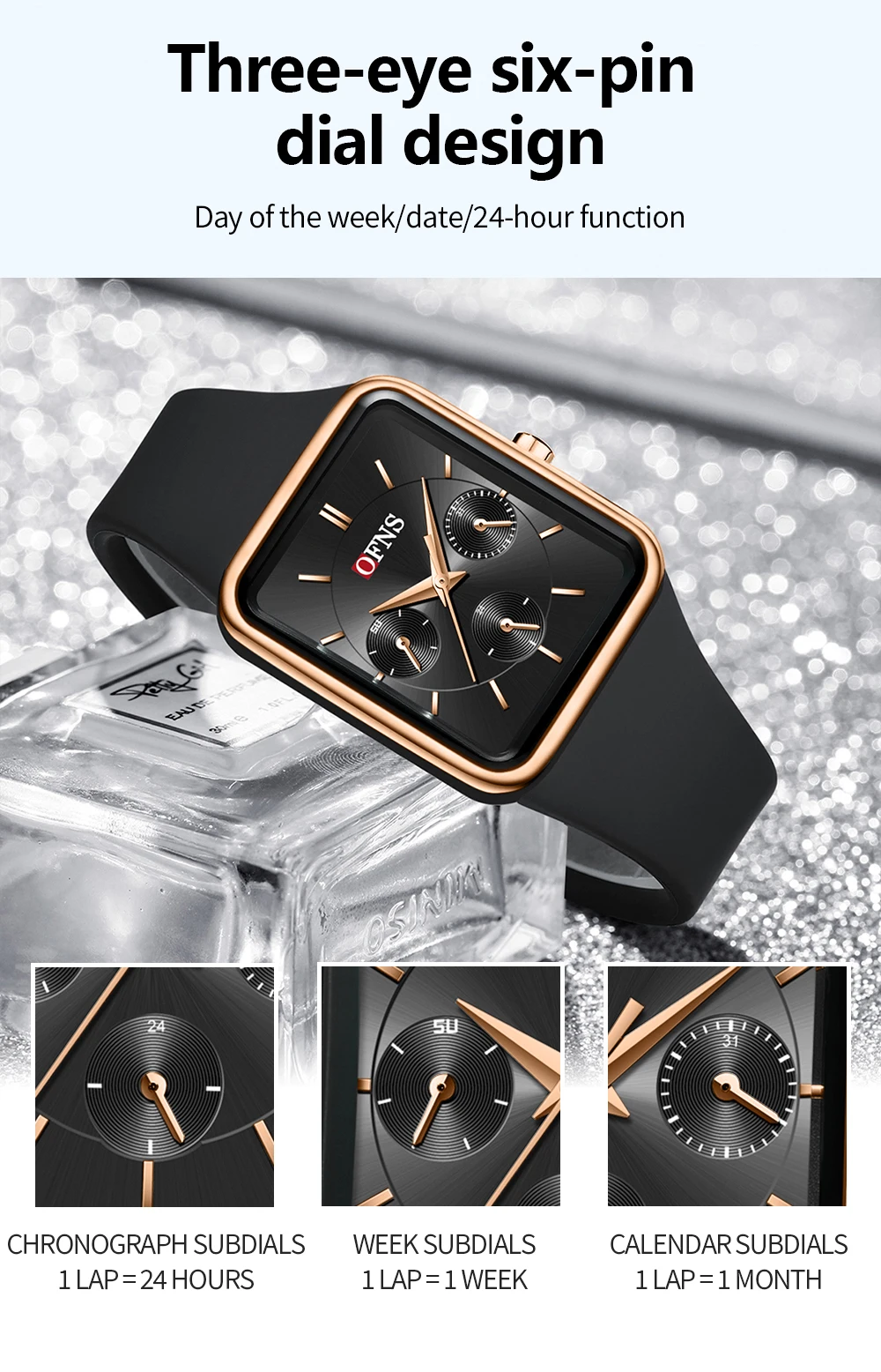 OFNS 8035 패션 및 레저 남성용 및 여성용 쿼츠 시계 다기능 3 눈 6 핀 스포츠 방수 쿼츠 시계