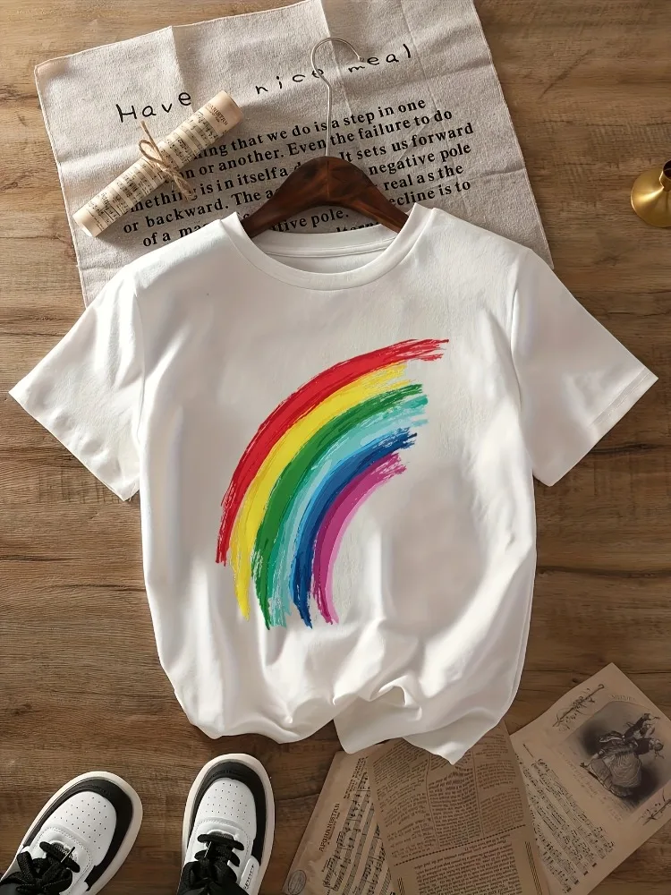 Fashionable and Creative Rainbow Pattern Printed T-shirt All-season Women's Short-sleeved Round Neck Casual Top Women's Clothing