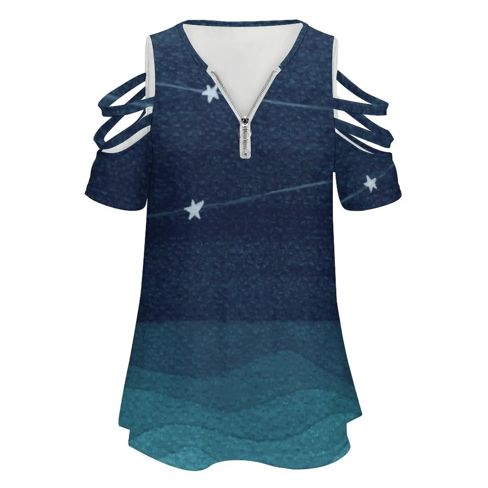 Garland Of Stars , Teal Ocean Women'S T-Shirt Summer Fashion Print Floral V-Neck Zipper Tshirt Hollow Pullover Ladies Top