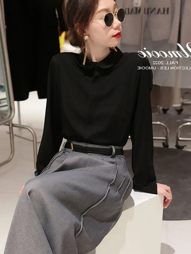 Ele Casual Long Sve irt Women's Chiffon Blouse Thin Commute Korean Sle Button Detail Regular Length Pure Color