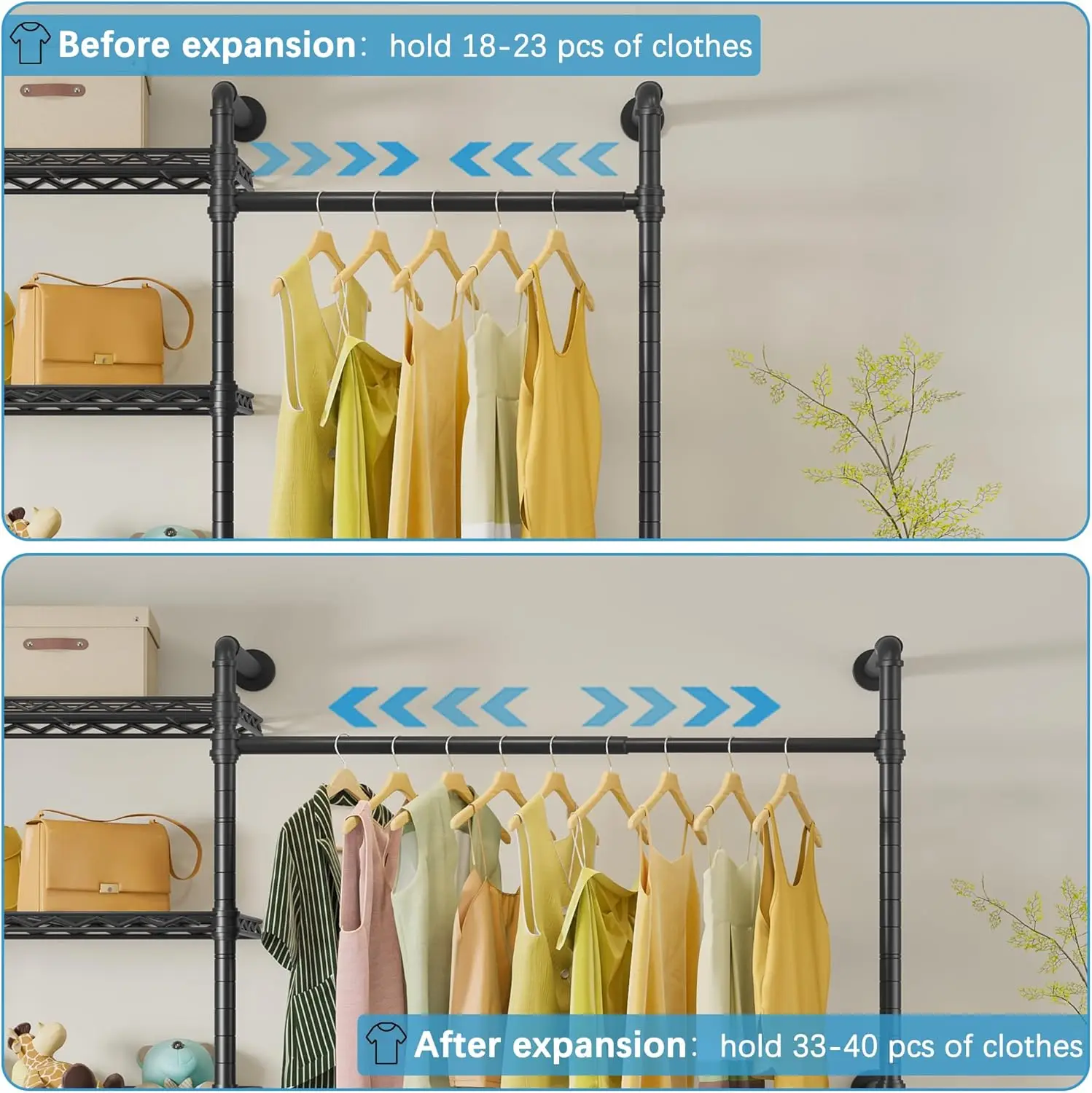 Timate X3I Expandable Clothes Rack Wall Mounted Closet System For Walk In Closet, Industrial Heavy Duty Clothing Rack With