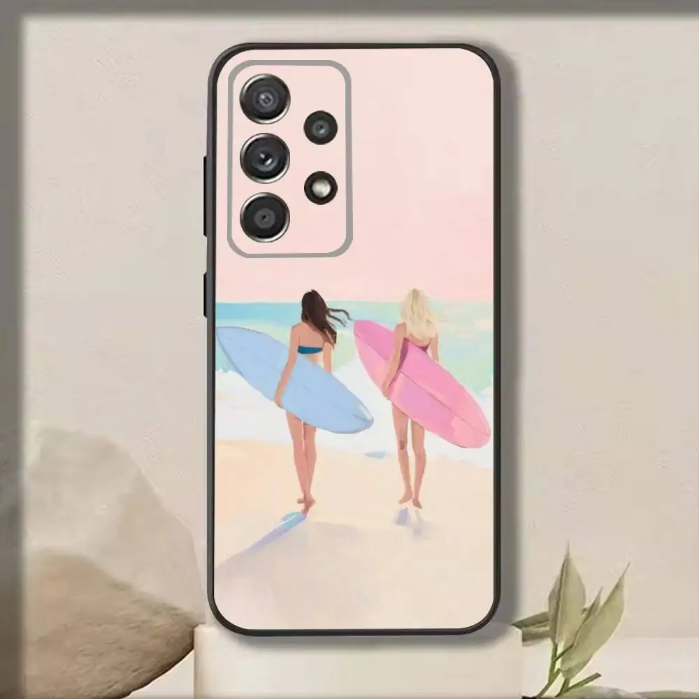 Surfboard Surfing Art Surf Girl   Phone Case For Samsung S25,S24,S21,S22,S23,S30,Ultra,S20,Plus,Fe,Note,10,9,5G Black Cover