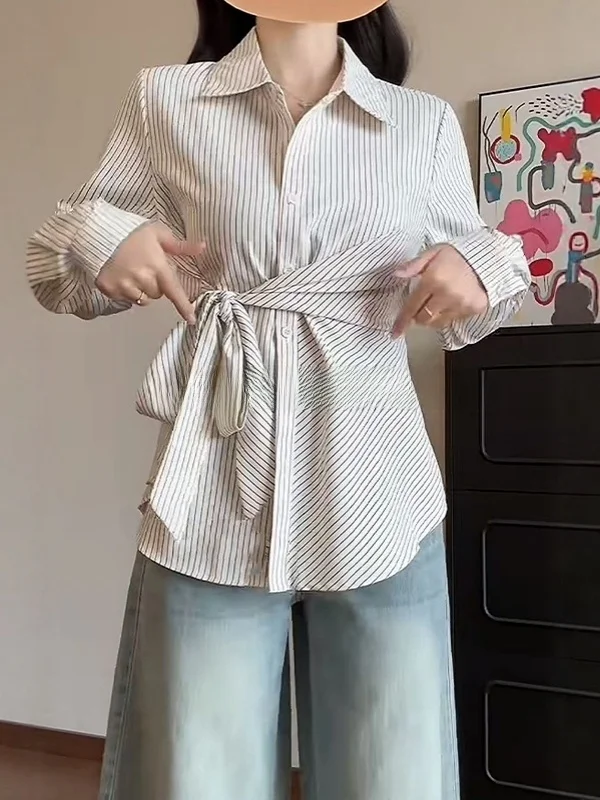 

plus Size Stripe Long Sve irt Women's Belted Waist ing Spring New Sle Slimming Top Comfortable Korean Sle Collar