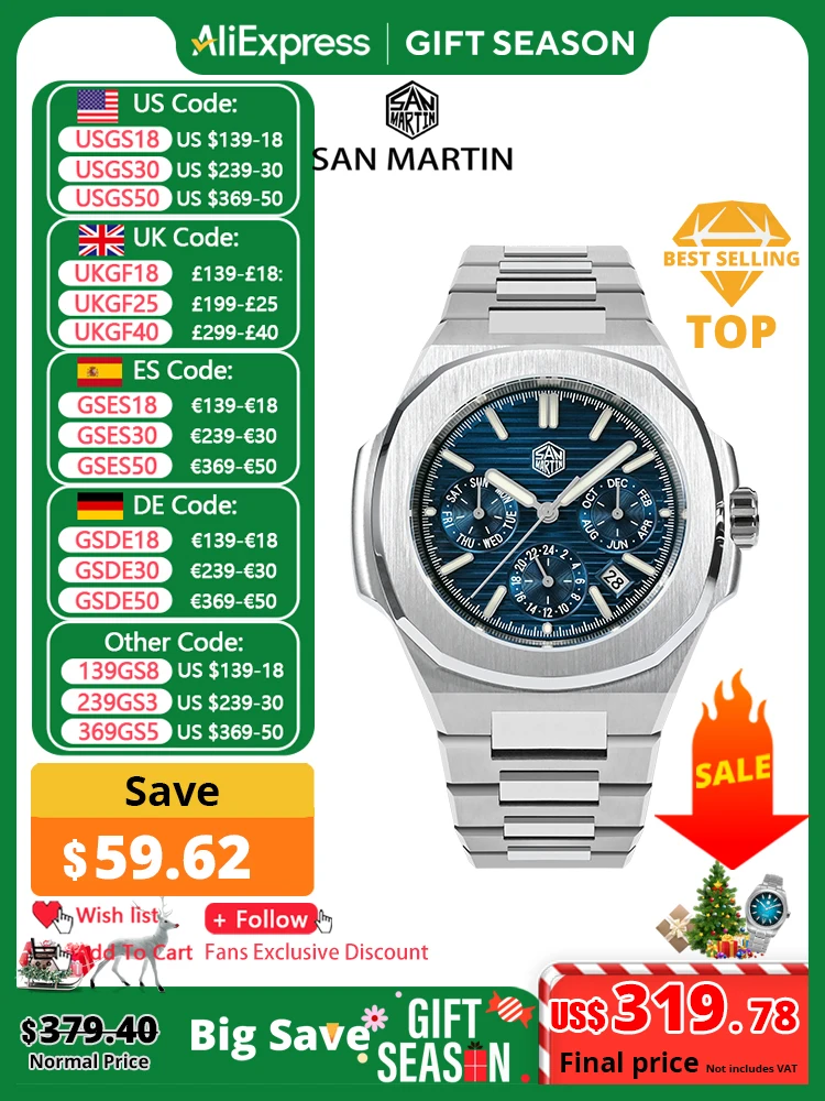 San Martin 43mm Miyota 9120 Multi-function Men Luxury Dress Watch Waffle Texture Dial Business Automatic Mechanical 10Bar BGW-9